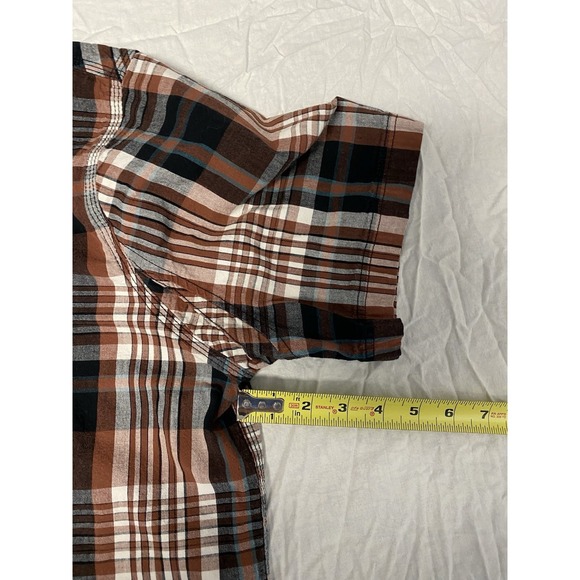 Eddie Bauer Workwear Foreman Fit 2XL Plaid Short Sleeve Shirt Brown Distressed - Picture 10 of 12